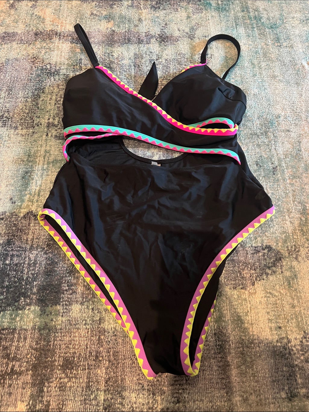 Popvil Black One-Piece Swimsuit With Pink & Yellow Trim - Women